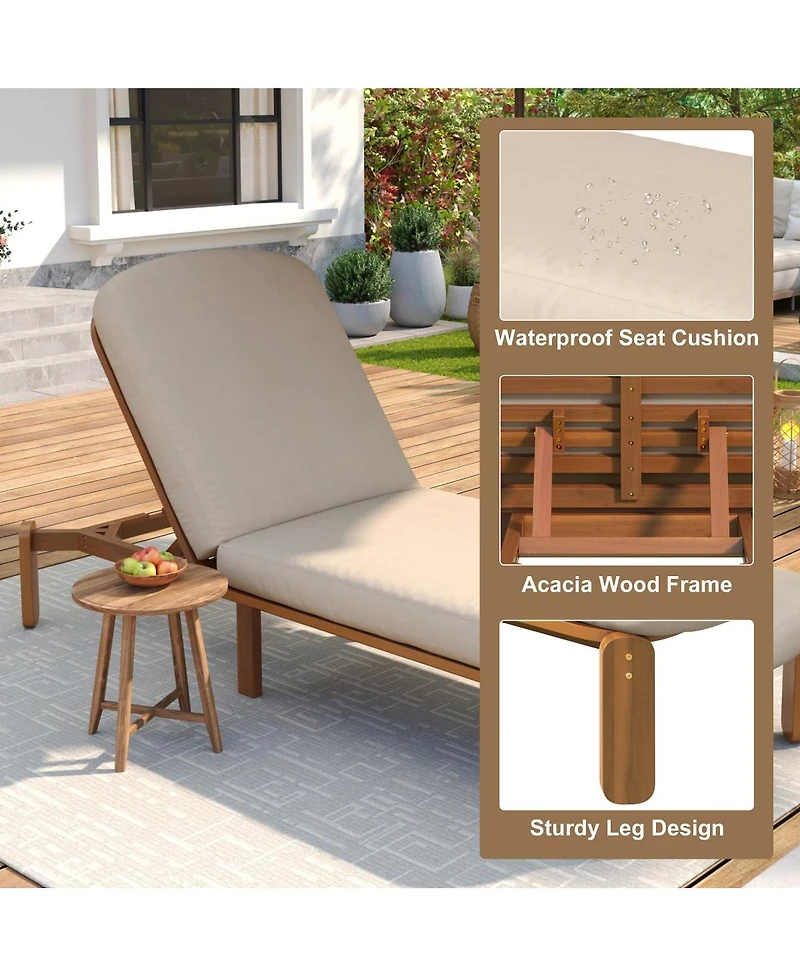 Asagikoiai Acacia Wood Adjustable Outdoor Chaise Lounge with Water-Resistant Cushion