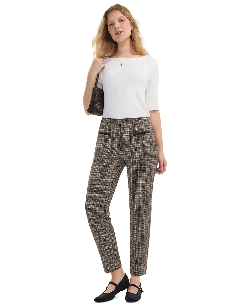 Liverpool Los Angeles Petite Faux-Leather Trim Plaid Straight-Leg Trousers