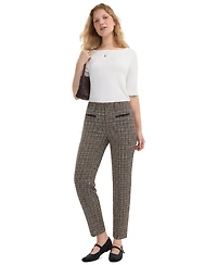 Liverpool Los Angeles Petite Faux-Leather Trim Plaid Straight-Leg Trousers