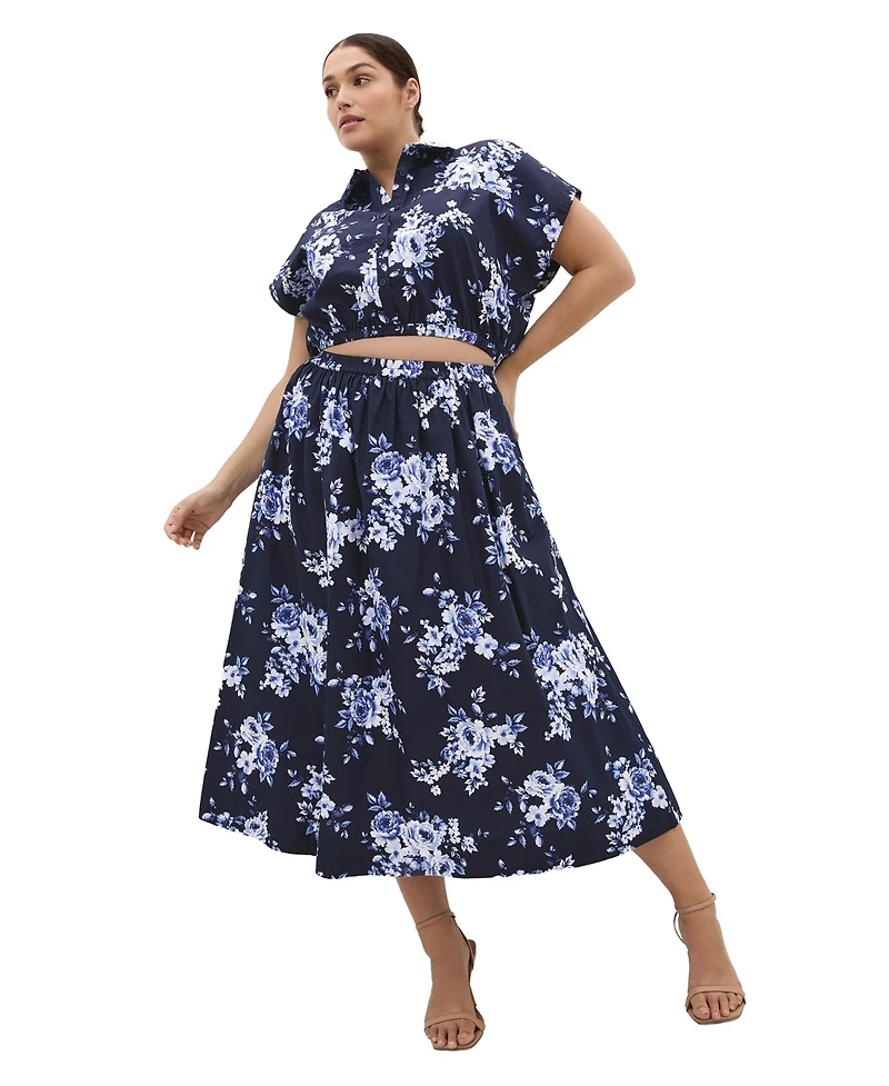 City Chic Plus Vacay Floral-Print Midi A-Line Skirt
