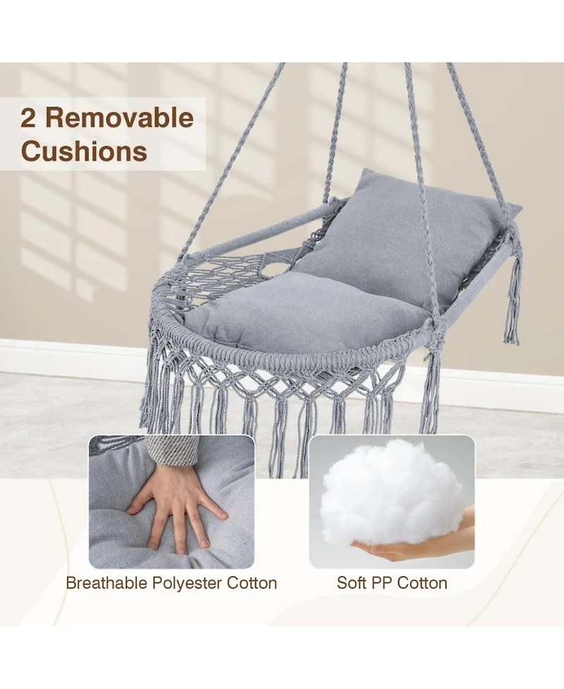 Sugift Macrame Hammock Swing Chair with 2 Removable Cushions and Bohemian Fringe