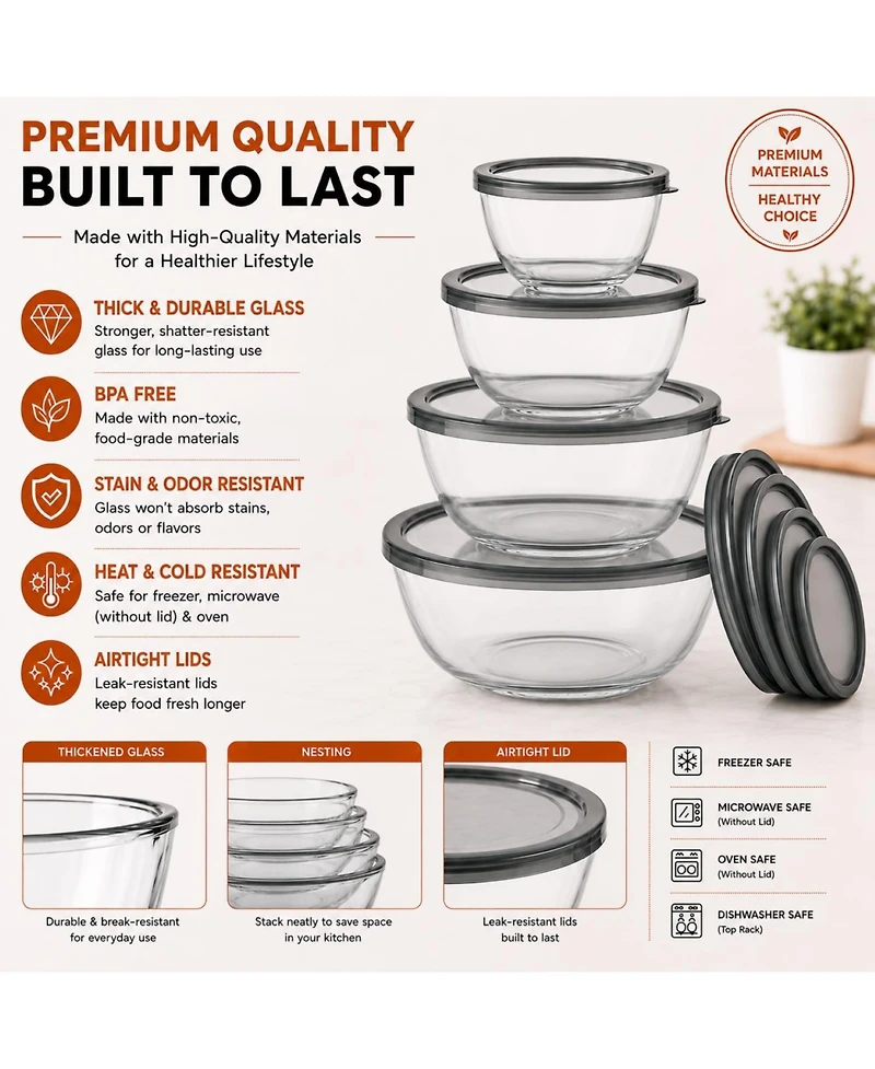 Sorbus 4-Piece Glass Bowl Set with Airtight Plastic Lids