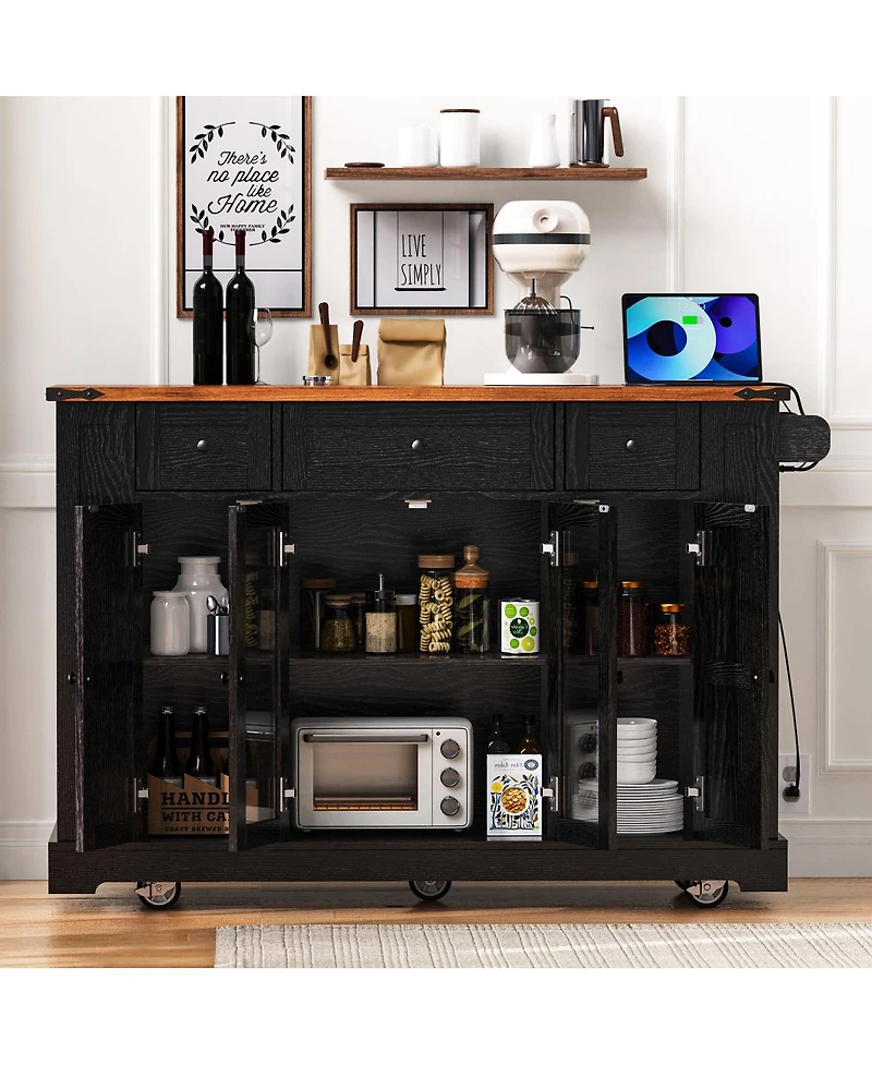 Streamdale Furniture 53" Rolling Farmhouse Kitchen Island with Glass Doors, Drop Leaf and Power Outlet