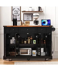 Streamdale Furniture 53" Rolling Farmhouse Kitchen Island with Glass Doors, Drop Leaf and Power Outlet