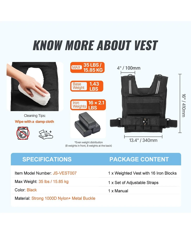 Sugift 35 Lb Adjustable Weighted Vest with 16 Removable Iron Weights and Reflective Stripes