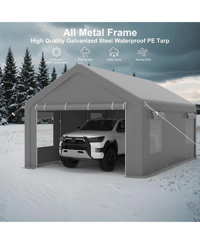 GarveeLife 12 x 20 Ft Heavy Duty Carport, Portable Garage with Roll-Up Mesh Windows and Removable Doors, All-Season Car Canopy Shelter