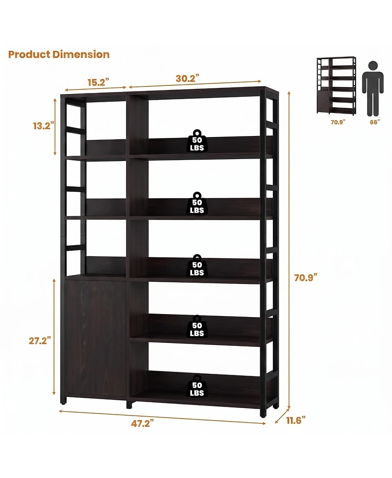 homfan 5 Tier Bookshelf with Doors, 71.1" Industrial Standing Shelf Metal Frame, Bookcase Adjustable and Rails for Living Room, Office