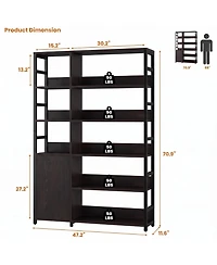 homfan 5 Tier Bookshelf with Doors, 71.1" Industrial Standing Shelf Metal Frame, Bookcase Adjustable and Rails for Living Room, Office