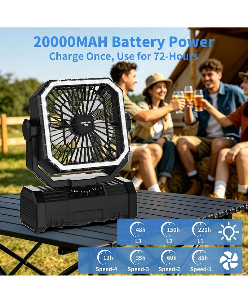Gaiatop 20000mAh Rechargeable Camping Fan, 4 Speeds, Oscillation, Led Light and 360-Degree Rotating Hook