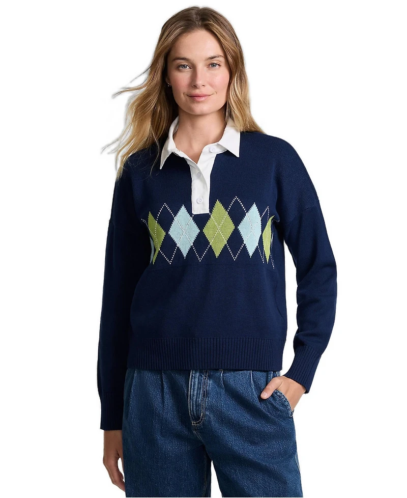 Lands' End Women's Drifter Jacquard Rugby with Woven Collar Sweater