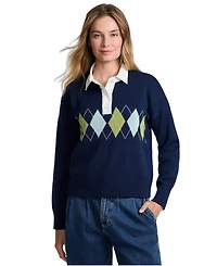 Lands' End Women's Drifter Jacquard Rugby with Woven Collar Sweater