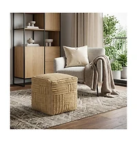 HomeRoots 18 Inch Jute Blend Cube Striped Pouf Ottoman