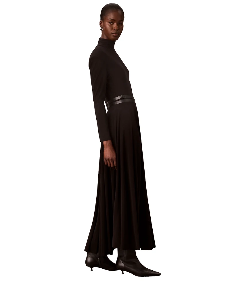 Calvin Klein Women's Belted Long-Sleeve Turtleneck A-Line Dress