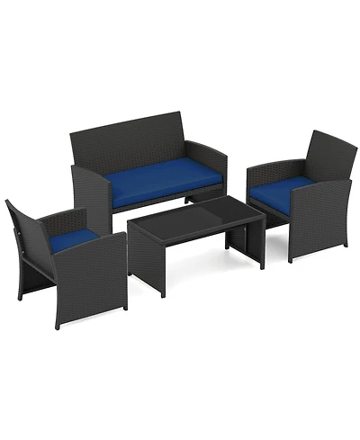 Gouun 4-Piece Rattan Patio Set with Loveseat, Chairs and Glass Coffee Table