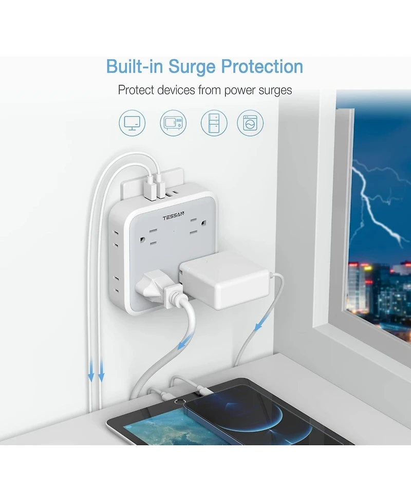 Tessan Wall Outlet Extender with 8 Ac Outlets and 4 Usb Ports