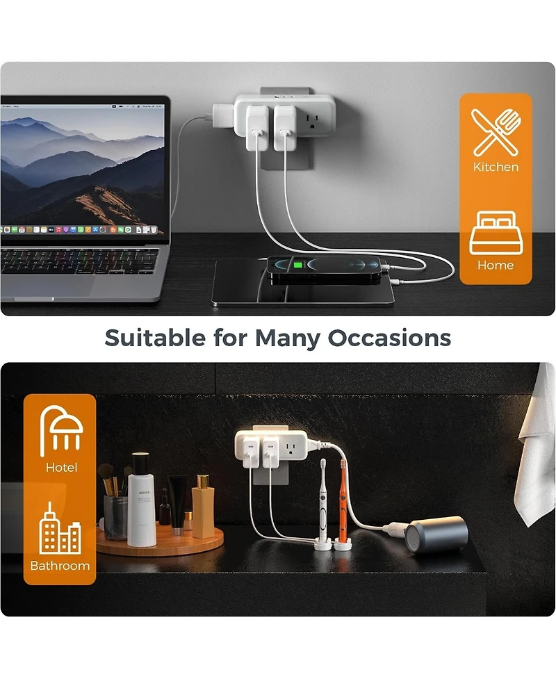 Tessan Wall Outlet Extender with 5 Ac Outlets and 3 Usb Ports