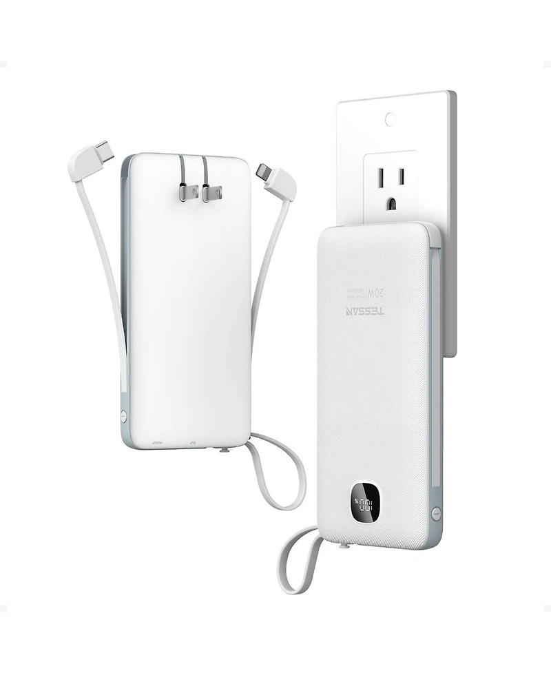 Tessan 10000mAh Portable Charger with Built-In Cables and 20W Pd for Compatible Devices
