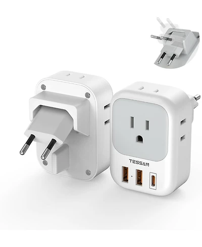 Tessan 2-Pack European Type C Travel Plug Adapter with 4 Outlets and 3 Usb Ports