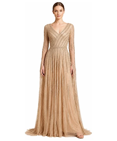 Lara Women's V-Neck Beaded Long Cape-Sleeve Dress