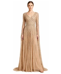 Lara Women's V-Neck Beaded Long Cape-Sleeve Dress