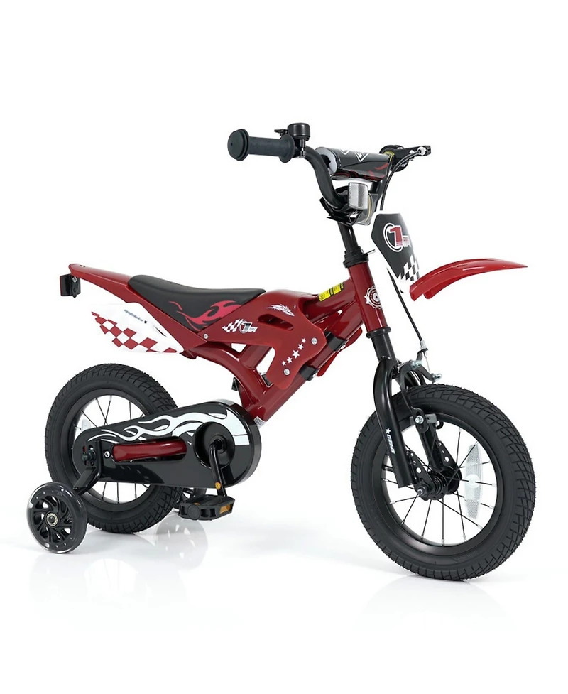 Hongge 12 in Motorcycle-Inspired Kids' Bike with Detachable Training Wheels, 143 lb Capacity, Ages 3-4