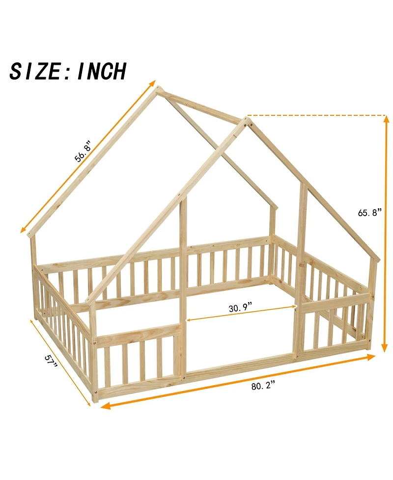 Sailvan Wood House-Shaped Floor Bed with Fence, Guardrails