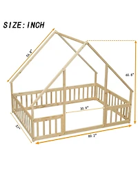 Sailvan Wood House-Shaped Floor Bed with Fence, Guardrails