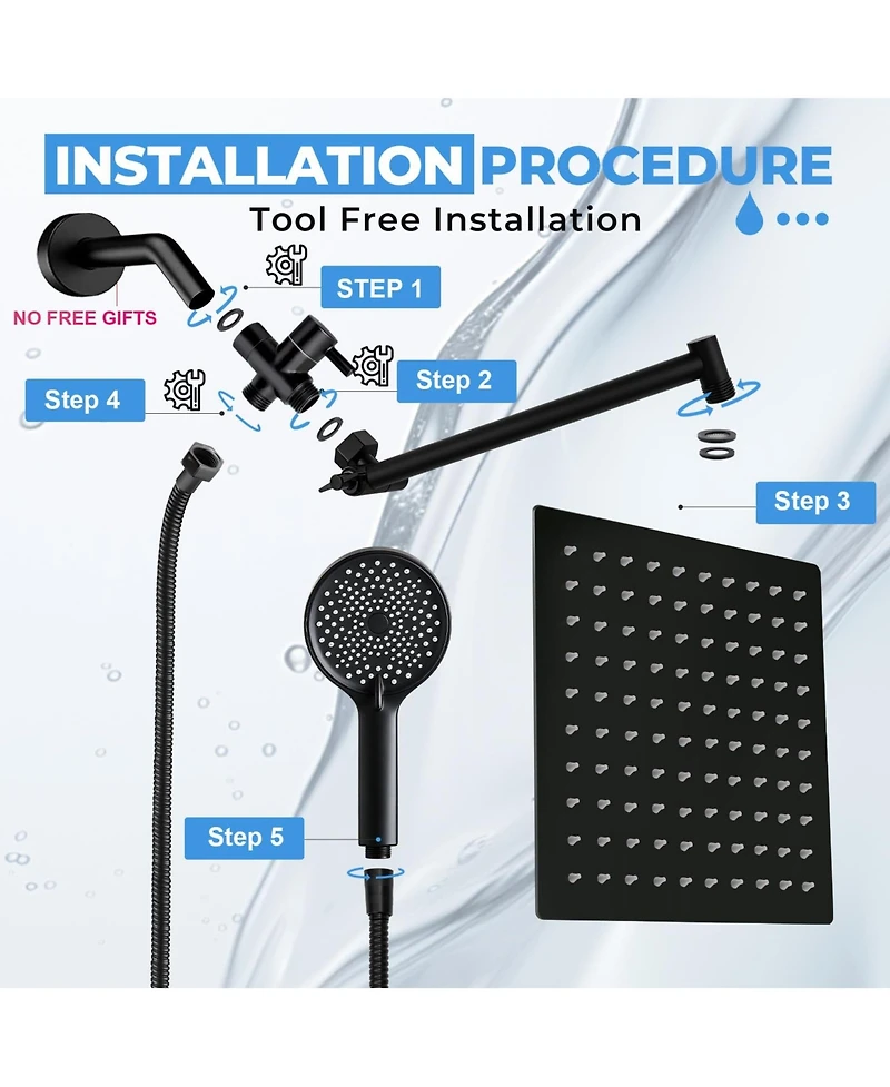 Cyqbd 8" Shower Head Rain Handheld Spray Extension Arm Flow Regulator System