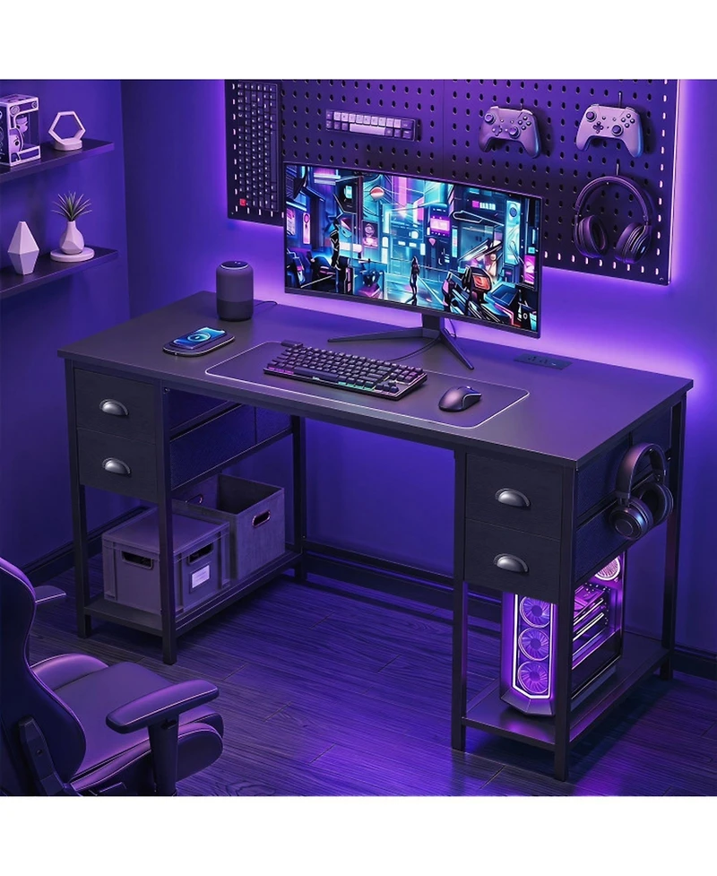 Sugift 48 inch Computer Desk with Power Outlet Home Office Desk with 4 Fabric Drawers