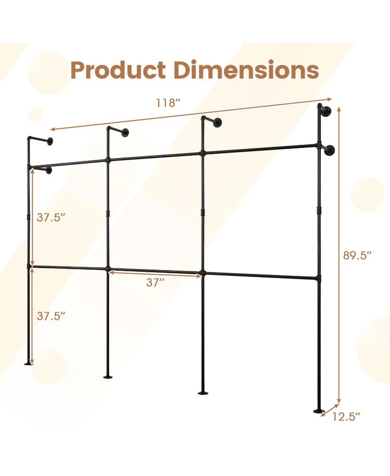 Sugift Wall Mounted Pipe Clothing Rack with 6 Hanging Rods