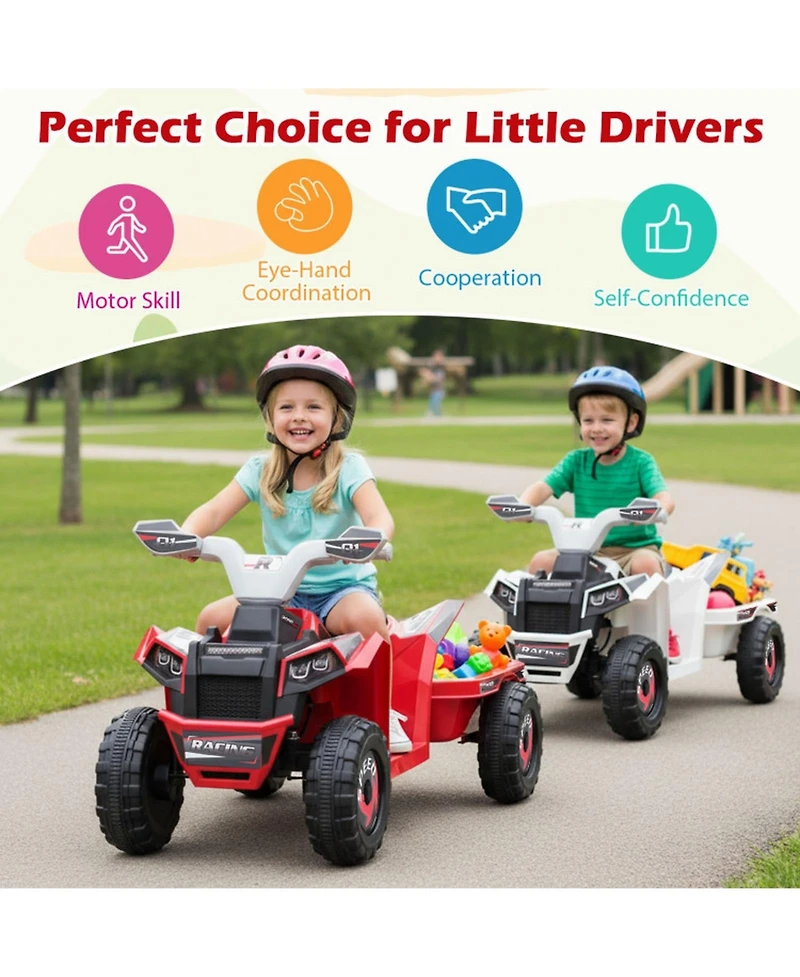 Sugift 6V Kids Atv Quad Car with Detachable Trailer Ride-On Toy, Ages 3+