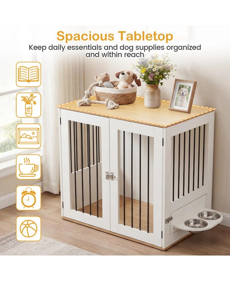Hongge 31.5 in Wooden Dog Kennel End Table with Swivel Feeding Bowls