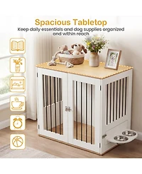 Hongge 31.5 in Wooden Dog Kennel End Table with Swivel Feeding Bowls