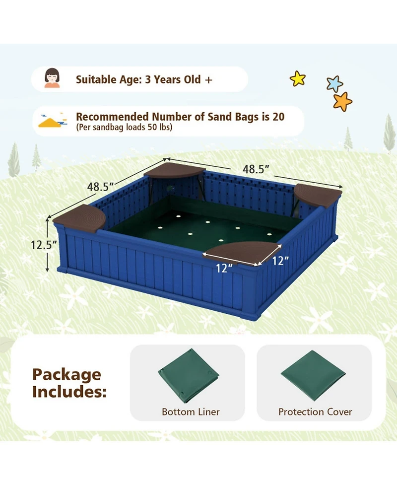 Hongge Kids 48.5" Square Outdoor Sandbox with Waterproof Oxford Cover and 4 Corner Seats, Ages 3+