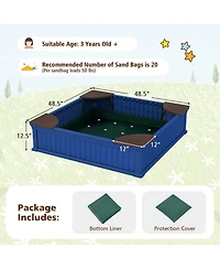 Hongge Kids 48.5" Square Outdoor Sandbox with Waterproof Oxford Cover and 4 Corner Seats, Ages 3+