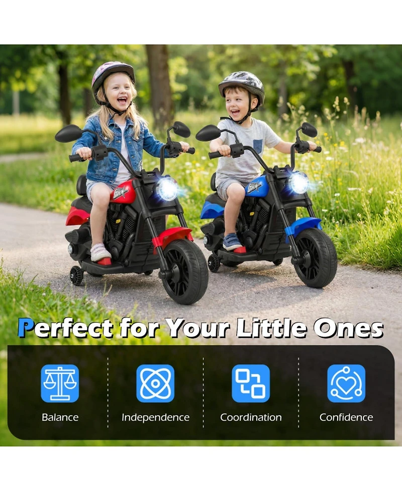 Hongge 6V Kids Ride-On Motorcycle with Led Headlights, Music & Training Wheels, 66-lb. Capacity, Ages 18 Months+