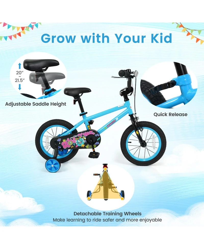 Hongge 14-Inch Kids' Bike with Training Wheels and Dual Brakes, Ages 3-5