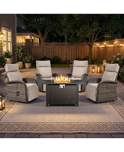 Pocassy 5 Piece Patio Furniture Set with Propane Firepit Table, 4Piece Outdoor Swivel Recliner Chairs and 43inch Fire Table