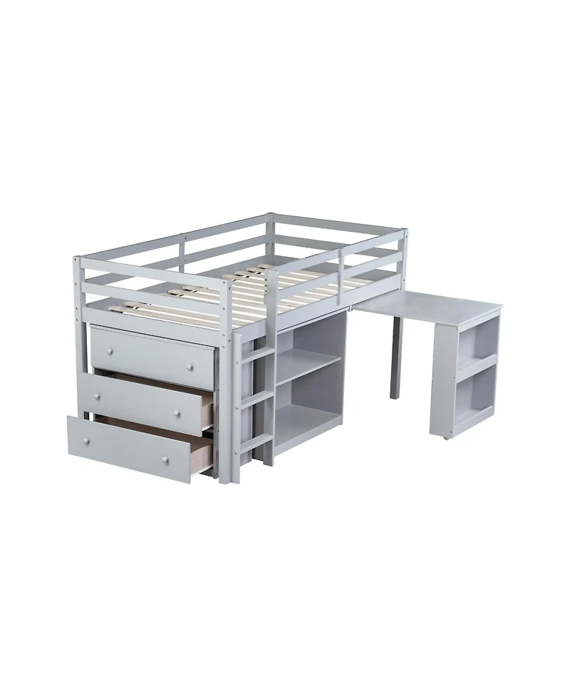 Sailvan Twin Loft Bed with Drawer Cabinet, Shelf Cabinet and Pulling Out Desk, Guardrail ,Ladder