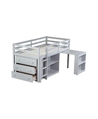 Sailvan Twin Loft Bed with Drawer Cabinet, Shelf Cabinet and Pulling Out Desk, Guardrail ,Ladder
