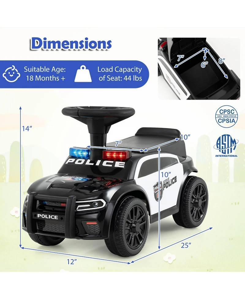 Hongge Toddler Police Sliding Car with Steering Wheel and Storage, Ages 18 Months+