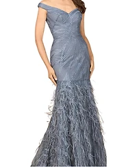 Lara Women's Off Shoulder Mermaid Beaded Gown with Feathers