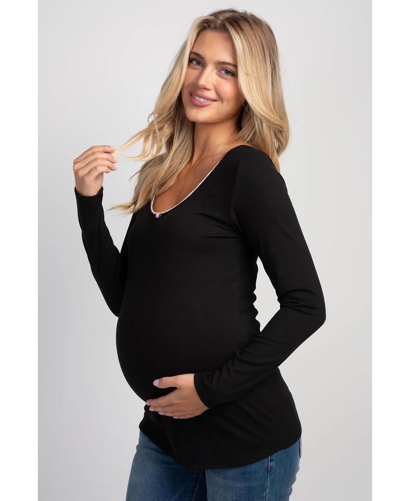 Hello Miz Maternity Long-Sleeve Scoop-Neck Lace-Trim T-Shirt