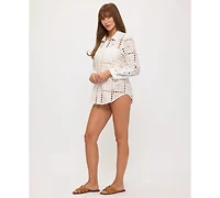 Dotti Women's Eyelet Openwork Dot Long-Sleeve Beach Shirt