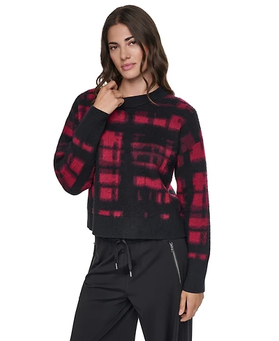 Dkny Women's Brushed-Plaid Long-Sleeve Crewneck Pullover Sweater