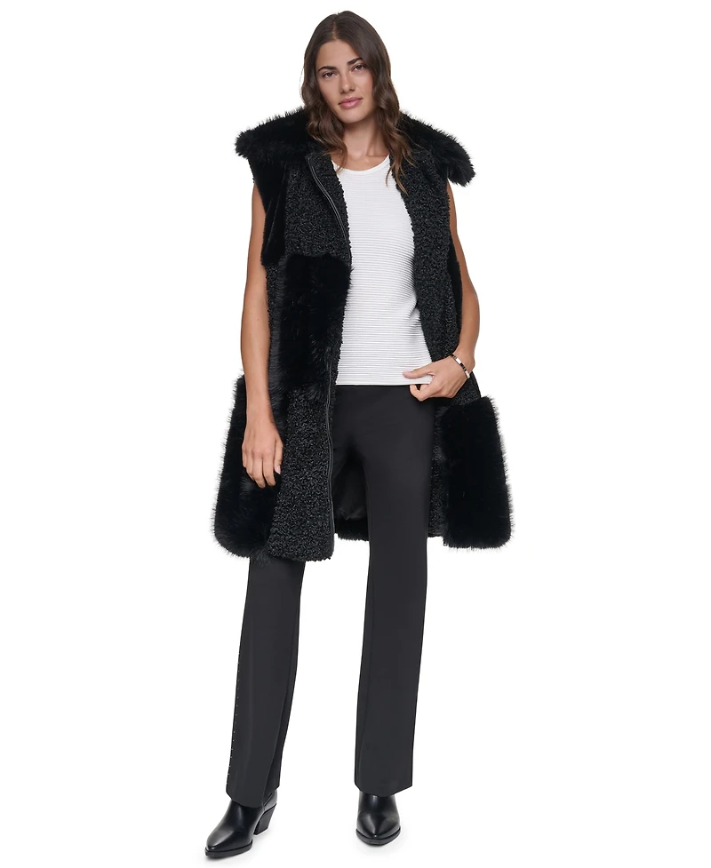 Dkny Women's Patch-Mix Mid-Length Collared Faux Fur Vest