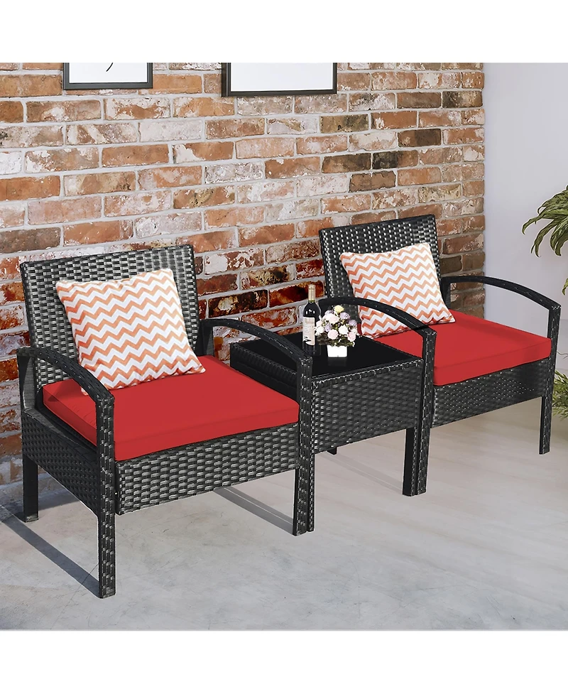 Costway 3PCS Patio Rattan Furniture Set Coffee Table & Chairs with Seat Cushions Garden