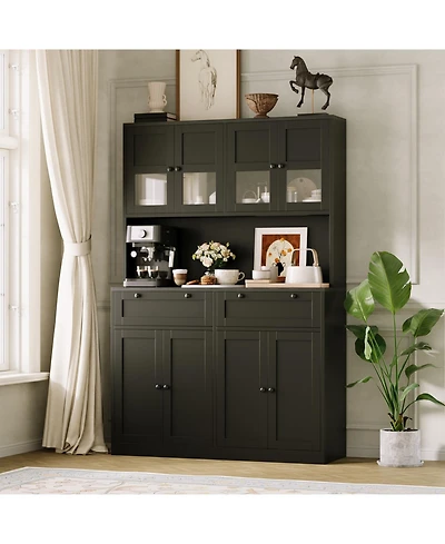 gaomon Kitchen Pantry Cabinet with Built-In Power Outlet, Wooden Tall Hutch Drawers, Modern Coffee Bar Buffet for Dining Room