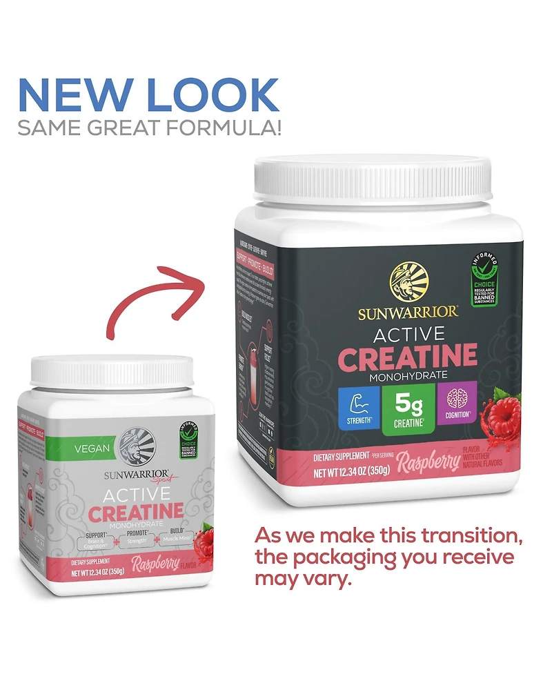 Sunwarrior Active Creatine Powder, Creatine Monohydrate for Muscle Building Support, Raspberry Flavor, 350gm