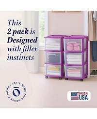 Homz Plastic 3 Drawer Medium Storage Container Tower, Purple Frame (2 Pack)